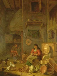 Eine Kücheninterieur mit einer Frau, die Kartoffeln schält, neben einem Hund, ein Mann raucht vor einem Feuer im Hintergrund